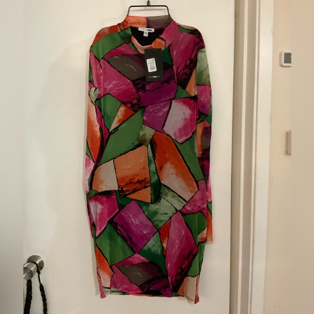Fashion Nova Pink and Green Long Sleeve Sheath Dress